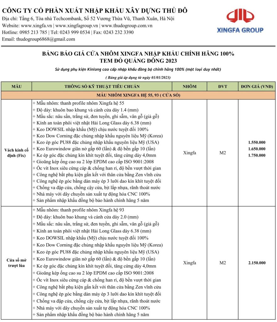 Báo Giá Cửa Nhôm Xingfa Nhập Khẩu Chính Hãng (2024)